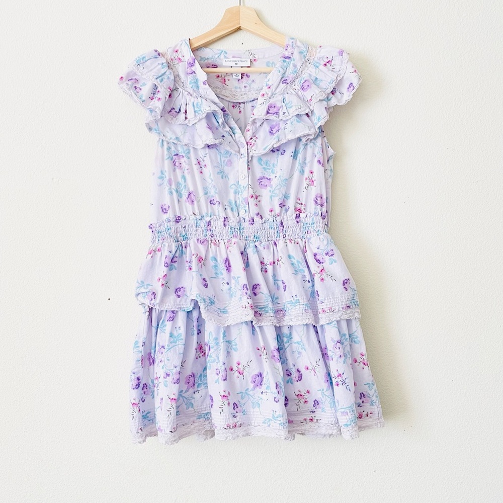 LoveShackFancy x Target MEDIUM purple floral tiered ruffle mini dress